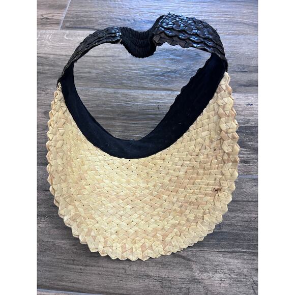 Free People Sun Visor Hat Woven Straw Natural Tan Black One Size Golf Pickleball - Picture 1 of 3